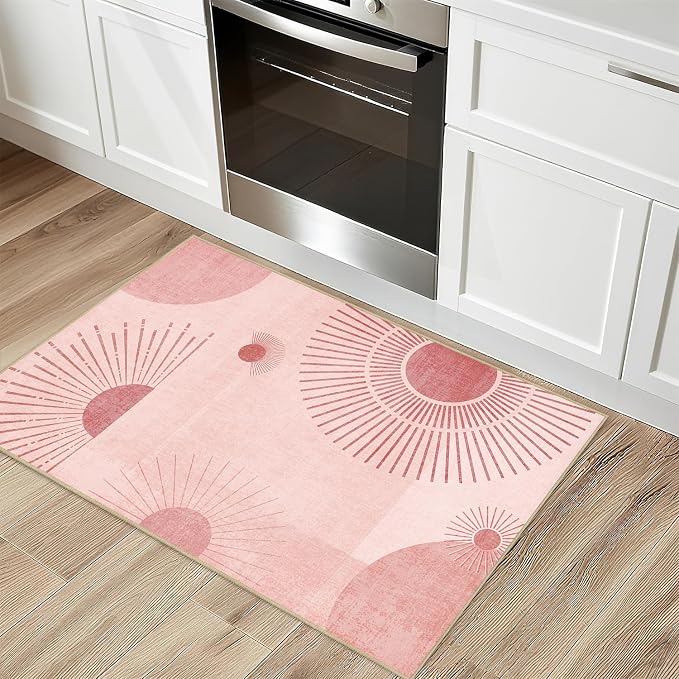 Sun Rug 2x3 for Entryway Mid Century Modern Rugs Machine Washable Boho Geometric Rug Non Slip Printed Low Pile Indoor Door Mat Floor Carpet for Bedroom Bathroom Kitchen Laundry,Pink