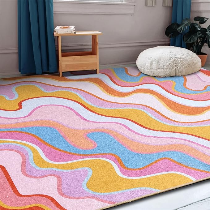 Colorful Abstract 5x7 Area Rug Ultra Thin Flatweave Funky Aesthetic Colorful Striped Bedroom Rug Orange Blush Washable Carpet for Kitchen Entryway Living Dining Room Dorm Nursery