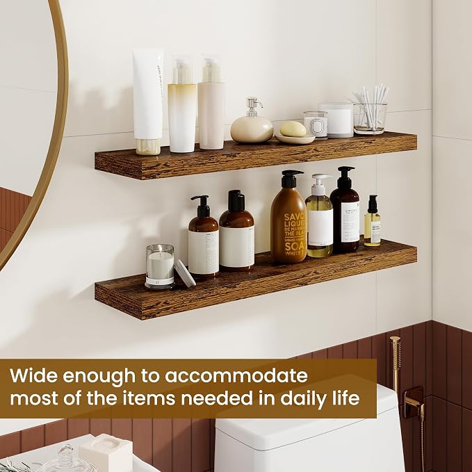 Dreamland 30Inch Floating Shelves for Wall, Rustic Wooden Floating Shelves for Bathroom|Bedroom|Kitchen, 2 Pack Deep Wall Mounted Book Shelf, Wood Storage Display Shelf for Home Decor, Brown