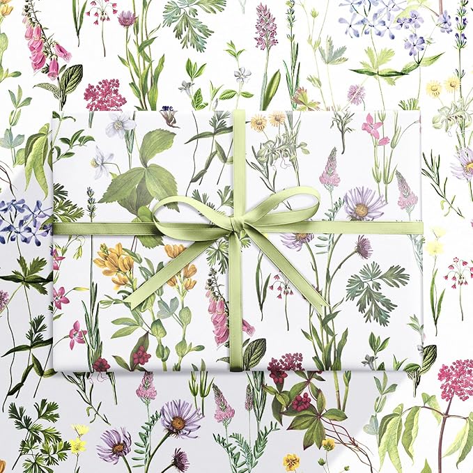 RUSPEPA Floral Wrapping Paper Roll for Women Girls, Mini Roll, Elegant Wild Flower Design Gift Wrap Paper Perfect for Birthdays, Bridal Shower, Spring, Wedding, Mother's Day, 17 Inch x 9.8 Feet
