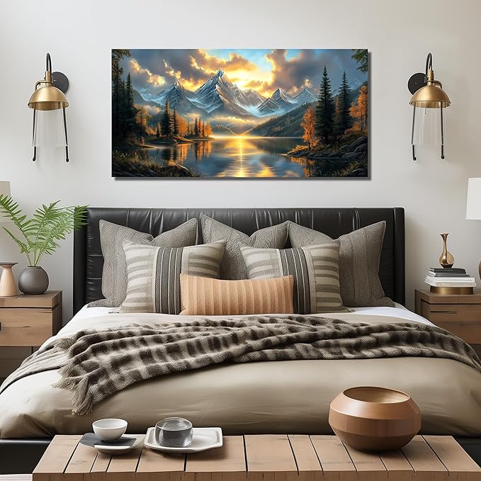 JuhaiArt Mountain Lake Canvas Wall Art Landscape Picture Artwork Gold Wall Decor for Living Room Bedroom Office Sunset Poster 24" x 48"