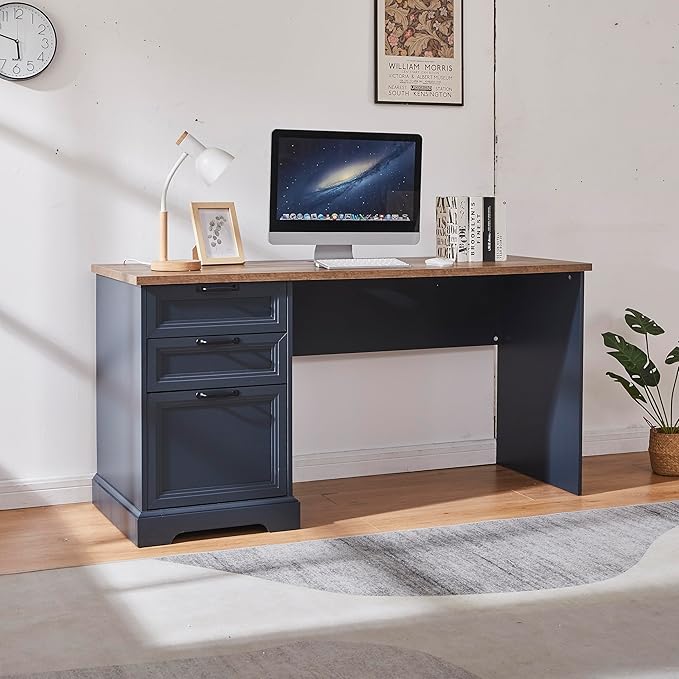 60" Farmhouse Executive Desk with Charging Station,Home Office Desk with 2 Drawers &1 File Cabinet,Wood Work Desk for Office and Home (Blue)