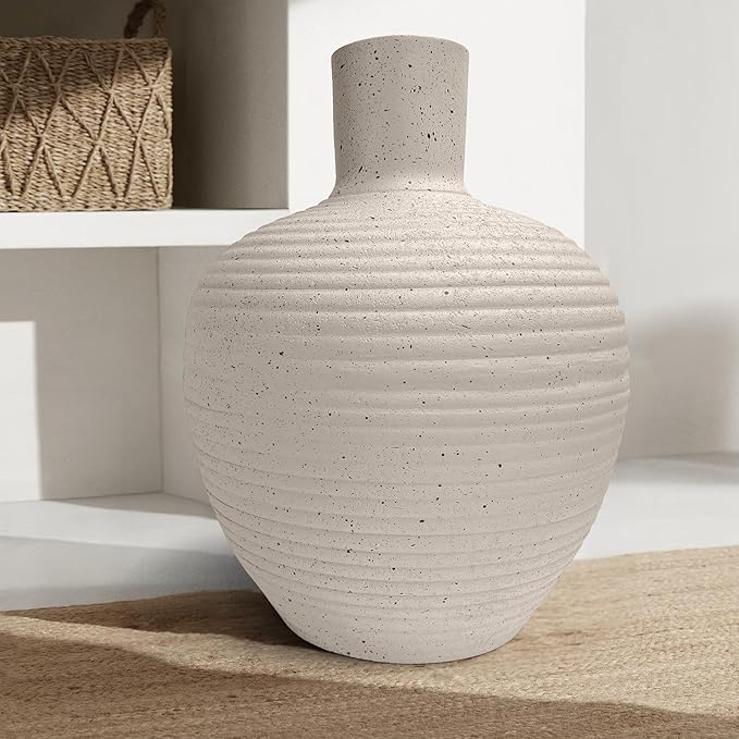 Oakrain Large Flower Vase with Groove Texture, 17" Tall Floor Vase, Narrow-Mouth Handcrafted Decorative Centerpiece for Modern Home Decor