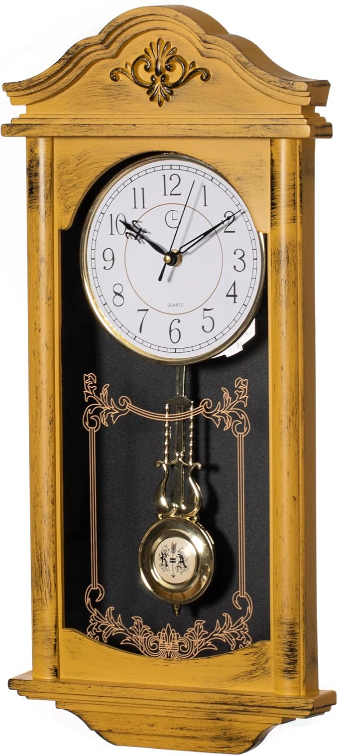 Clockswise Vintage Grandfather Wood - Looking Plastic Antique Pendulum Wall Clock for Living Room Decor, Kitchen, Office, Or Dining Room, Silent Wall Mount Battery-Operated (Yellow)