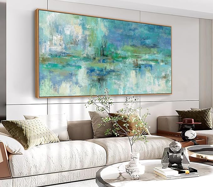 VEAEE Framed Abstract Wall Art - Teal Turquoise Green Colorful Modern Canvas Pictures, Living Room Wall Decor, Contemporary Landscape Painting Prints for Bedroom Bathroom Office Decor 24" x 48"