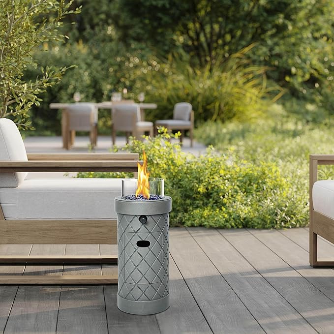 1 lb Column Propane Fire Pit, 10,000 BTU Gas Fire Pit, Outdoor Firepit for Patio w/Wind Glass Shield, Glass Rocks