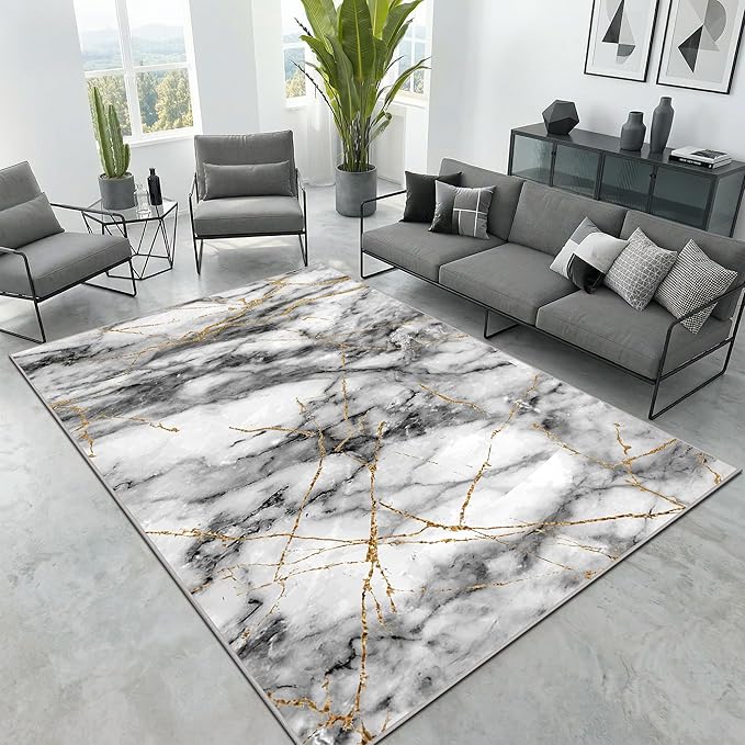 Merelax 4x6 Area Rug for Livingroom Bedroom - Washable Non-Slip Abstract Grey Rug, Indoor Floor Carpet Low Pile Soft Rug for Entryway, Mudroom, Kitchen, Modern Aesthetic Home Decor, Gray&Gold