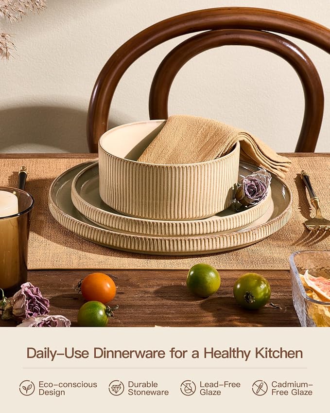 Stoneware Dinnerware Sets, Handcrafted Double Reactive Glaze Plates and Bowls for Everyday & Formal Dining, Microwave & Dishwasher Safe, Scratch Resistant Dishes Service for 4 (12-Piece), Cream