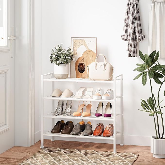 DongRong 4-Tier Shoe Rack,Metal White Shoe Storage Organizer Shelf for Closet,Entryway,Hallway,Dorm (White, 4 Tier)