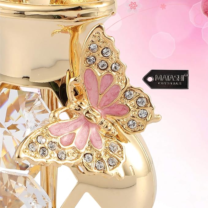 Matashi 24K Gold Plated Crystal Studded Flower Ornament in a Vase with Decorative Butterfly, Christmas, Mother's Day, Valentine's Gift, Tabletop Centerpiece (Clear Crystals)