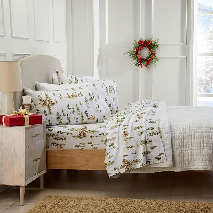 Market & Place 100% Cotton Twin Flannel Sheet Set | 3 Piece Deep Pocket Novelty Cozy Winter Bed Sheets | Double Brushed for Extra Softness & Comfort | Alpine Collection (Twin, Watercolor Forest)