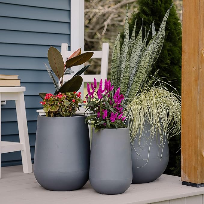 Beuta Large Planters for Outdoor Plants - Set of 3, 15.5/18/20.5 Inches Outdoor Planters for Porch - Tall Planter for Outdoor & Indoor Plants | Large Indoor Plant Pot - USA Made - Grey