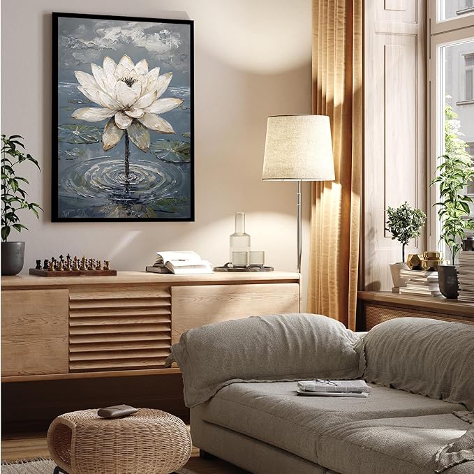 Stunning white lotus emerges from prismatic water with delicate petals background Serene aquatic wall art suitable for modern minimalist decor 8x12in Metal blackFramed