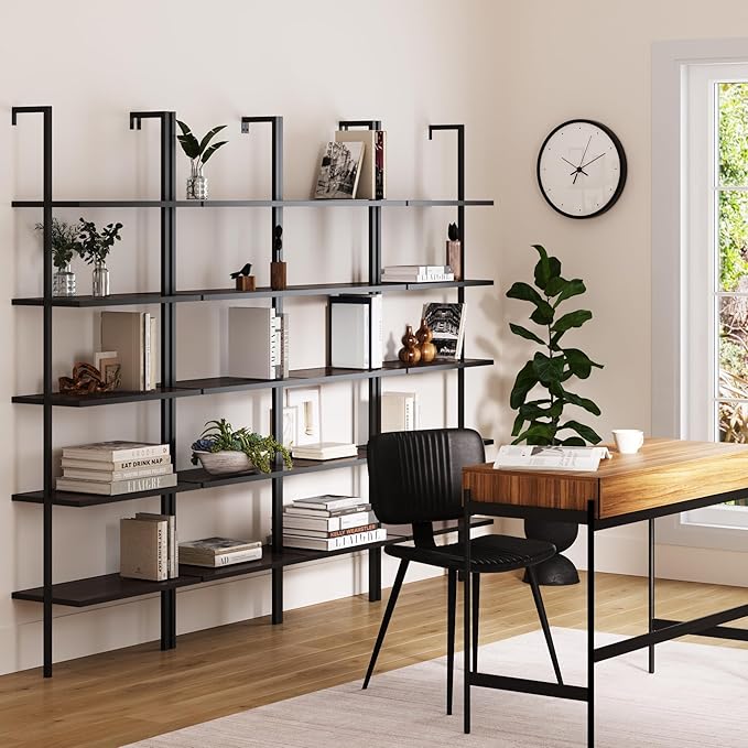 Nathan James Theo 5-Shelf Wood Modern Bookcase, Open Wall Mount Ladder Bookshelf with Industrial Metal Frame, Walnut Brown/Black, Set of 4