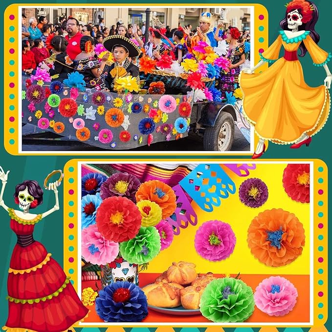 Geyee 27 Pcs Mexican Paper Flowers Colorful Fiesta Tissue Paper Flowers Mexican Carnival for Floral Party Backdrop Birthday Wedding Party 8, 10, 12 Inch(Stylish Color)