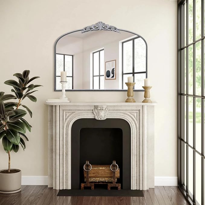 Micasso Large Vintage Silver Mirror: 40"x29" French Baroque Antique Arched Mirror - Traditional Ornate Decorative for Wall/Fireplace/Mantel/Entryway/Bathroom/Hallway - Home Decor for Living Room