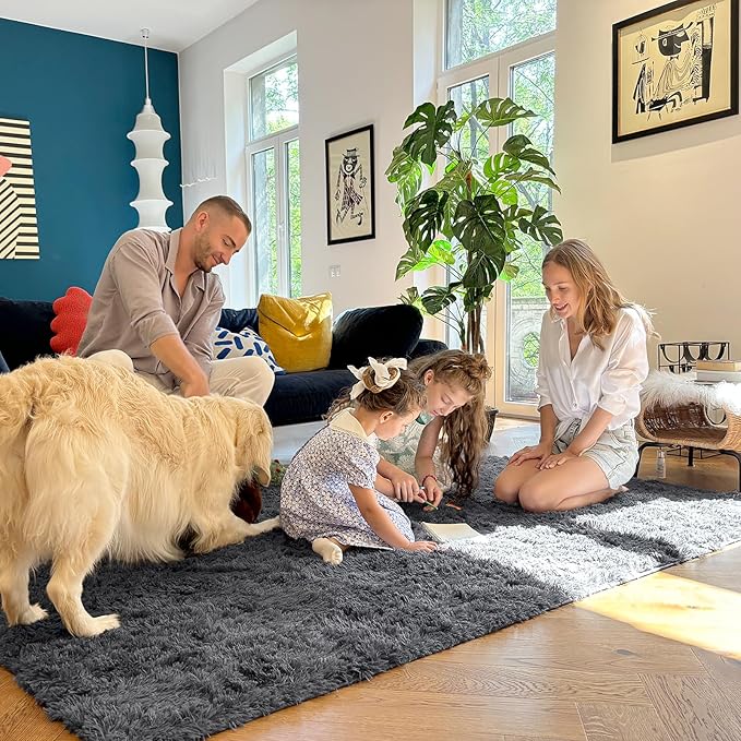 OLANLY 7x8 Machine Washable Large Area Rugs for Living Room, Bedroom, Soft Fluffy Shaggy Bedside Rug, Indoor Floor Carpet for Kids Girls and Boys, Dorms, Nursery, Home Decor Aesthetic, Grey