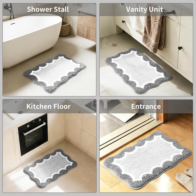 Scalloped Grey Small Bathroom Rugs Mat,Non Slip Absorbent Quick Dry Bath Mats for Shower Room,Plush Microfiber Bath Rug for Bathroom Floor Washable Carpet for Shower Tub Sink Bedroom,16"x24"