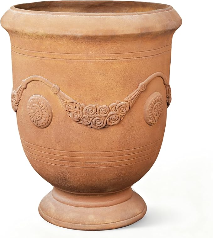 Large Urn Planter Magnesium Oxide Plant Pot with Cement Texture Concrete Urn Planters with Drainage Hole, 14" Dia x 17.5", Rusty