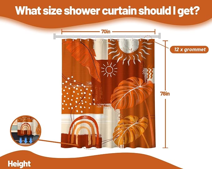 Burnt Orange Mid Century Modern Shower Curtain Bohemian Abstract Leaf Shower Curtains for Bathroom Decor Sets, Waterproof Cloth Fabric with Hooks, 70x78 Inch