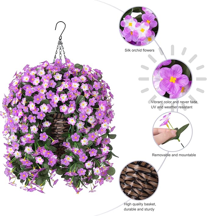 HyeFlora Artificial Fake Hanging Flowers with Basket for Outdoor Decoration,UV Resistant Faux Silk Daisy Flowers Light Fuchsia Orchid Vines in Planter Realistic Hanging Baskets for Home Porch Garden