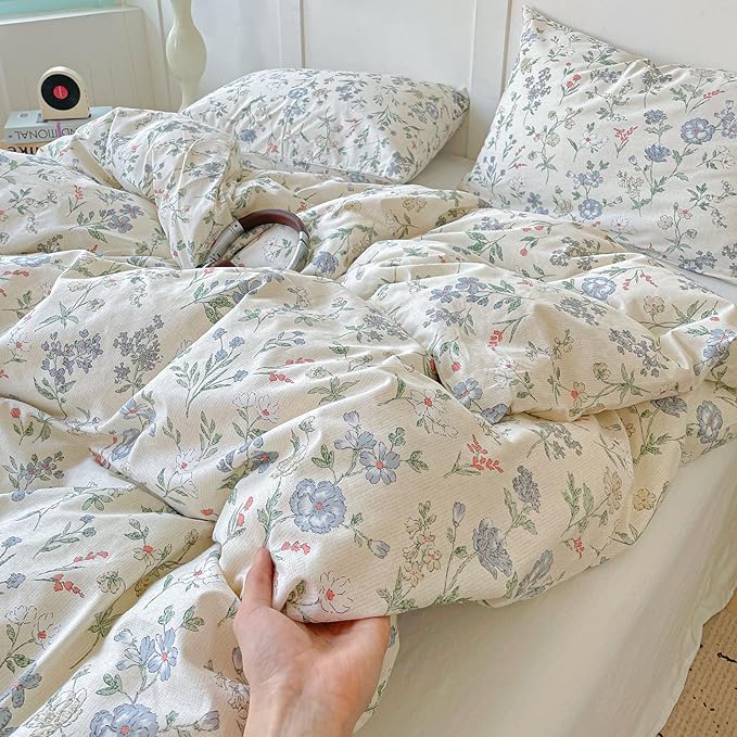 EAVD Vintage Style Floral Duvet Cover Queen Soft 100% Cotton Chic Shabby Garden Floral Bedding Set with 2 Pillowcases Fresh Cottagecore Botanical Comforter Cover with Zipper Closure