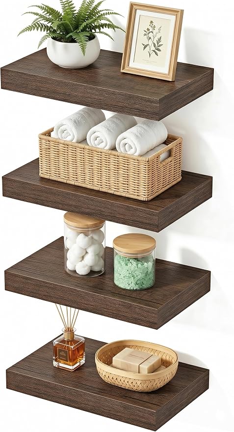 Smoke Gray Floating Shelves for Wall, Set of 4 Modern Wall Shelves Over Toilet for Bathroom, Bedroom, Kitchen & Living Room Decor Display, Minimal Storage & Wall Organizer, 12"x7"x1.5"
