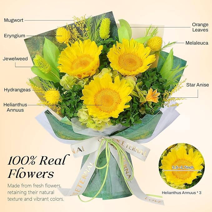 Preserved Sunflower Bouquet - Forever Flowers for Delivery, Long-Lasting Flower with Gift Box, Eternal flowers Bouquet for Mothers, Mom, Wife Anniversary Birthday Gifts for Women and Her