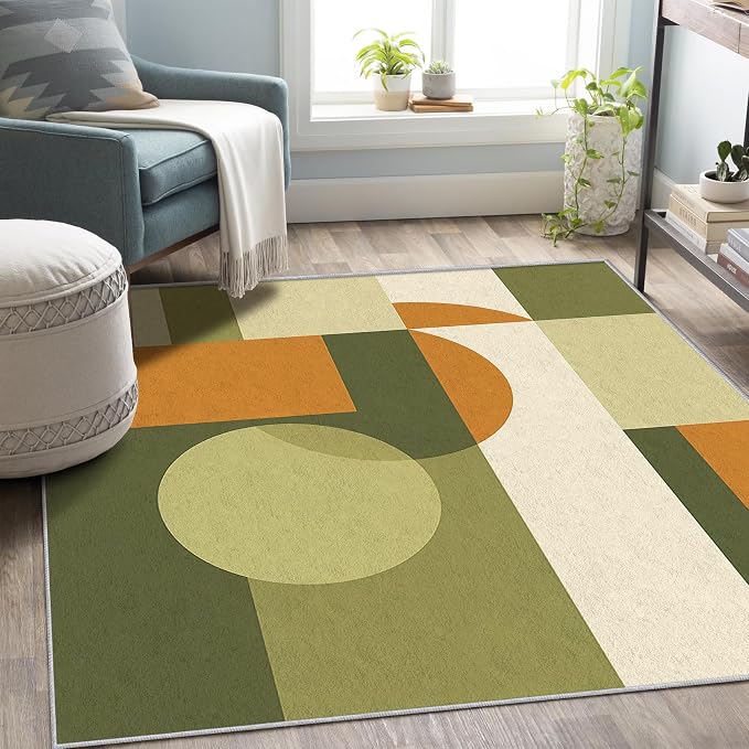 Mid Century Rug 7x8, Washable Modern Geometric Rugs for Living Room Bedroom, Minimalist Area Rug for Home Decor, Non Slip Backing Floor Carpet with Gripper - 7 x 8 ft