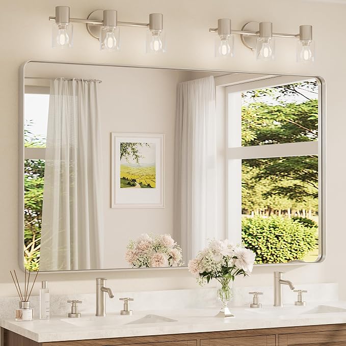 TETOTE 60 x 36 Inch Brushed Nickel Bathroom Mirror for Vanity Metal Framed Mirror Modern Farmhouse for Living Room Entryway(Horizontal/Vertical)