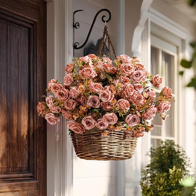 Artificial Rose Flowers for Outdoor 4 Bundles Rose Bouquet with Daisy Faux Flowers UV Resistant for Home Indoor Outside Garden Porch Window Box Balcony Yard Porch Fall Decor (Brown)