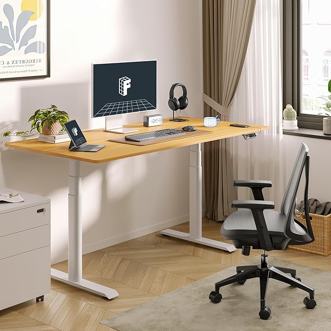 FLEXISPOT E6 Pro Oval Leg Dual Motor 3 Stages Standing Desk 55x28 Inch Whole-Piece Board Electric Height Adjustable Electric Sit Stand Up Desk 150KG Load Capacity (White Frame + Maple Desktop)