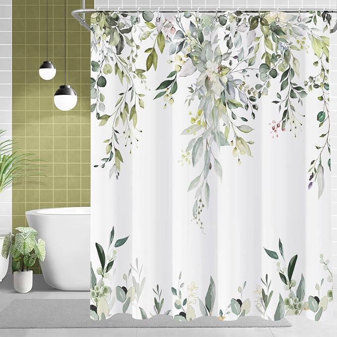 Sage Green Eucalyptus Shower Curtain, Watercolor Leaves Plant Spring Floral Waterproof Fabric Machine Washable with Hooks for Bathroom Bathtub Decor 60Wx72H