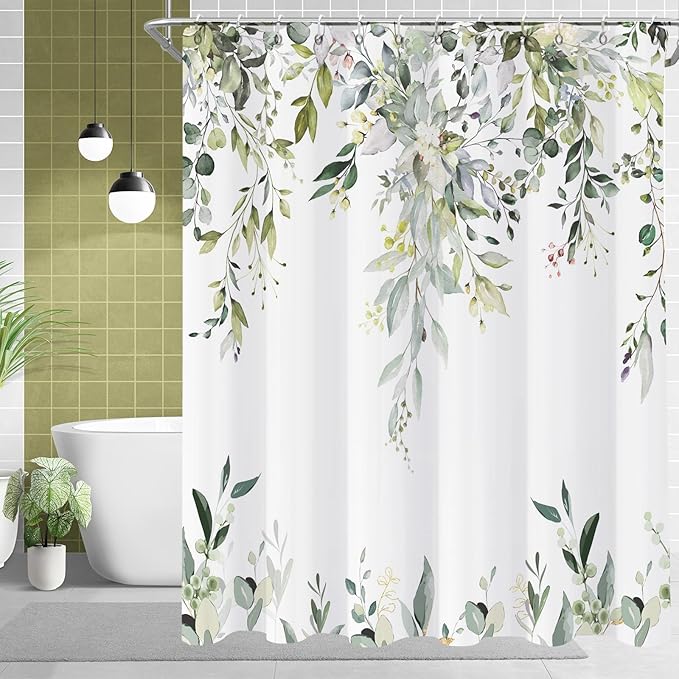 Sage Green Eucalyptus Extra Long Shower Curtain, Watercolor Leaves Plant Spring Floral Waterproof Fabric Machine Washable with Hooks for Bathroom Bathtub Decor 72Wx84H