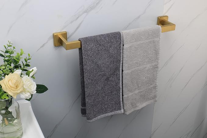 TocTen Bath Towel Rack - Square Base Thicken SUS304 Stainless Steel Towel Bar for Bathroom, Bathroom Accessories Towel Rod Heavy Duty Wall Mounted Towel Holder. (Brushed Gold, 20)
