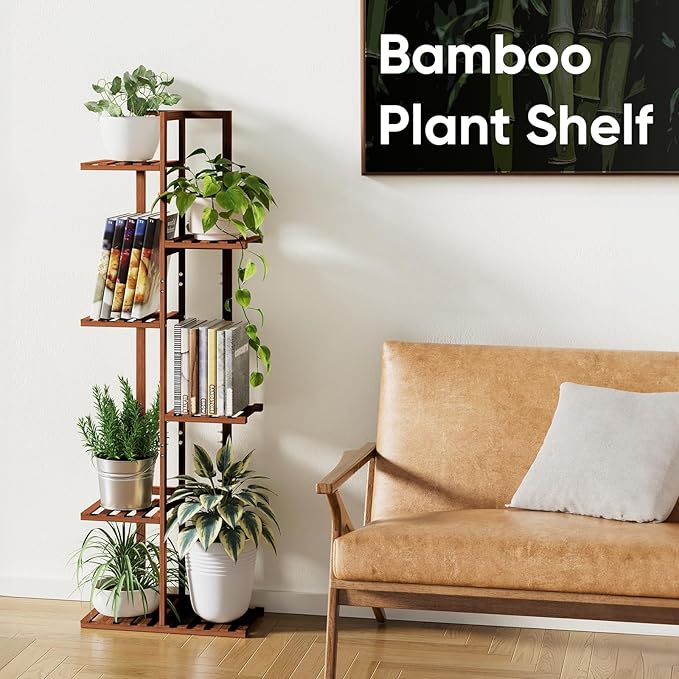 ROSSNY 48 Inch Tall Plant Stand Indoor, 6 Tier 7 Potted Bamboo Plant Stands for Indoor Plants, Corner Plant Stand, Tiered Plant Stands, Plant Shelf For Indoor, Planter Holder for Multiple Plants Indoor, Brown
