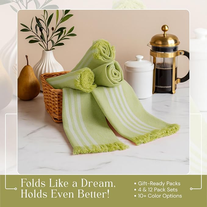 Stripe Tea Towels 12 Pack, 16x26 Inches, Dish Towels for Kitchen Drying, Reusable Rags, Absorbent and Washable Cloths, Cleaning Towels for Dishes and Everyday Use - Lemon Green