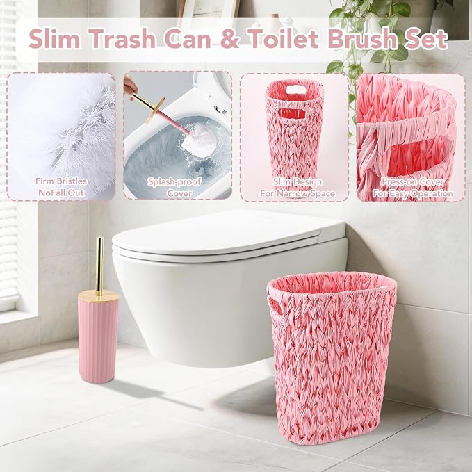 Bathroom Accessory Set, 10 Pieces Bath Set- Wicker Trash Can Tissue Box Soap Dish Toothbrush Holder Rinse Cup Lotion Bottle Toilet Brush Qtip Holder - Practical Bathroom Decor Sets (Pink, Bath Set)