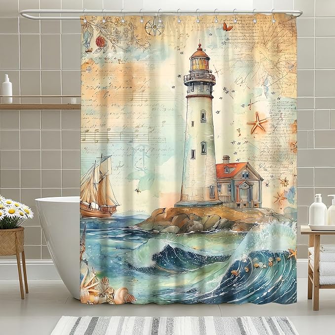 Nautical Shower Curtain Coastal Lighthouse Shower Curtains for Bathroom Waterproof Fabric Bath Curtain Decor with Hooks