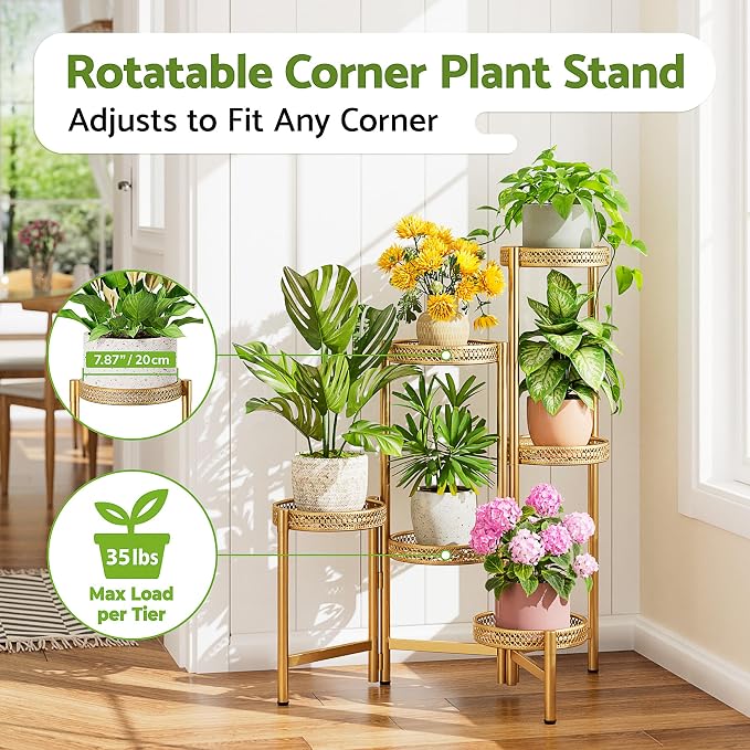 6 Tiered Plant Stand Indoor for Multiple Large Planter, Tall Heavy Duty Adjustable Folding Rack with Rustproof 7.9 Inch Wide Tray, Plant Shelf for Corner Living Room - GoldWave