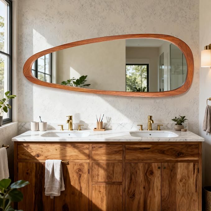 60''x22'' Asymmetrical Mirror with Wood Frame, Small Irregular Wavy Wall Mirror, Odd Shaped Mid Century Modern Mirror Decor for Bedroom Living Room Entryway Hall