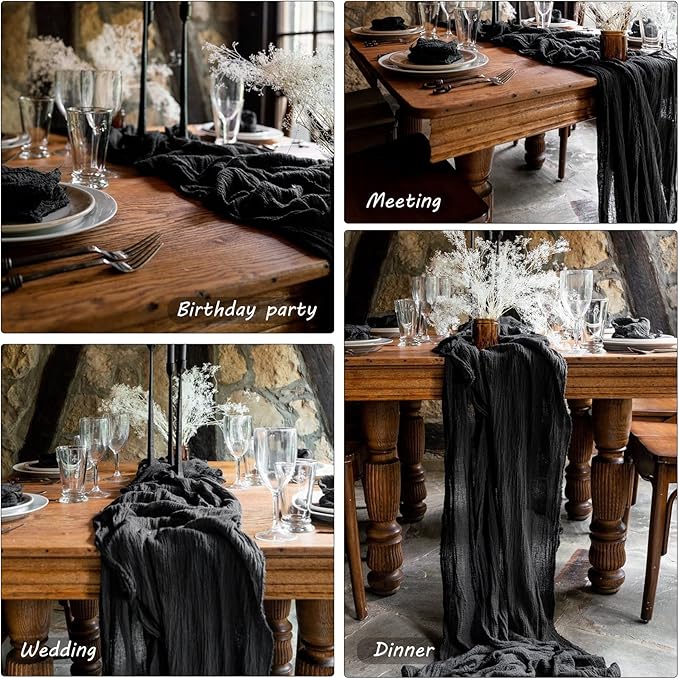 12 Pack Boho Gauze Table Runner 35x72 Inch - Rustic Cheese Cloth Long Table Runner for Wedding, Bridal Shower, Birthday Party Decor (Black)