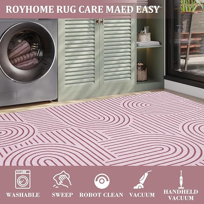 Washable Rugs 5x7 Abstract Lines Print Area Rug Non Slip Cute Girl Room Rug Low Pile Boho Rainbow Carpet Ultra-Thin Soft Bedroom Rug Non Shed Thin Modern Carpet for Dorm Apart Dining Room, Pink