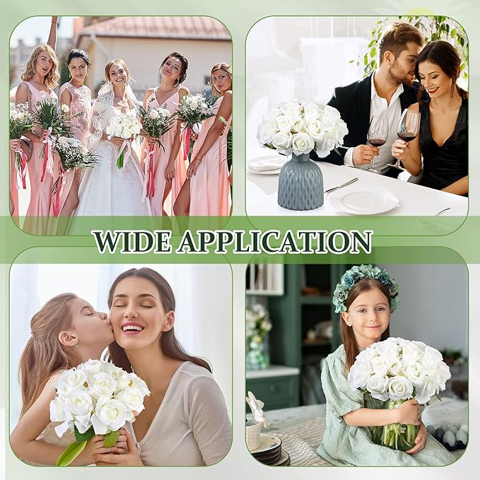 Jexine 240 Pcs Artificial Rose Flowers Bouquet Silk Realistic Flowers Bulk Centerpieces DIY Bride Fake Rose for Home Bridal Wedding Party Decorations(White)