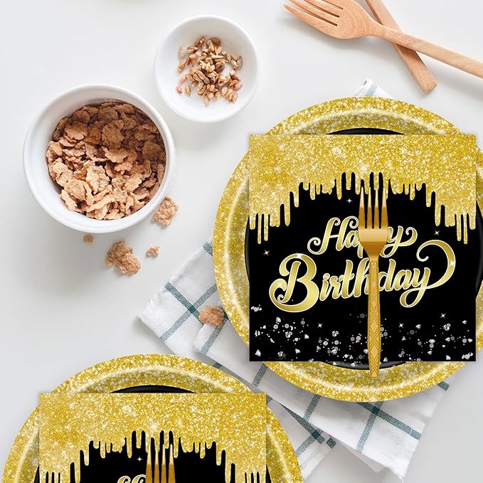 72 Pcs 60th Birthday Paper Plates and Napkins Party Supplies, Back Gold 60th Birthday Party Plates and Napkins Tableware Set for Men Women Cheers to 60 Years Decorations Serves 24