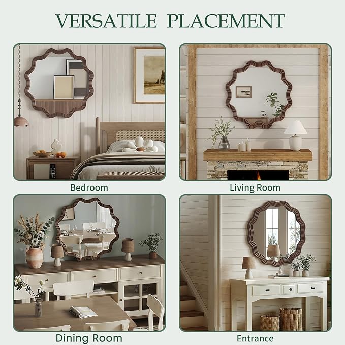 Farmhouse Wall Mirror - 31.5" Wood Frame Round Rustic Wall Decorative Mirrors, Circle Scalloped Wavy Round Boho Accent Mirror for Living Room, Bedroom, Entryway, Hallway, Fireplace (Walnut)