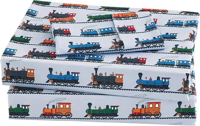 Viviland 4 Pieces Boys Grey Full Sheet Set - Soft Microfiber Fitted Flat Sheets & Pillowcases - Retro Train Print Bedding Sets- for Kids & Toddlers
