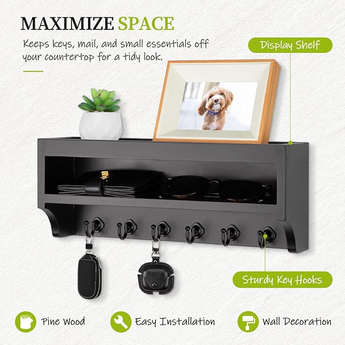 Nekon Key Holder Wall Mount, 12.8" W x 5.6" H x 3.7" D Wall Mounted Key and Mail Organizer with 6 Key Hooks, Key Racks for Home Entryway Decor (Black)