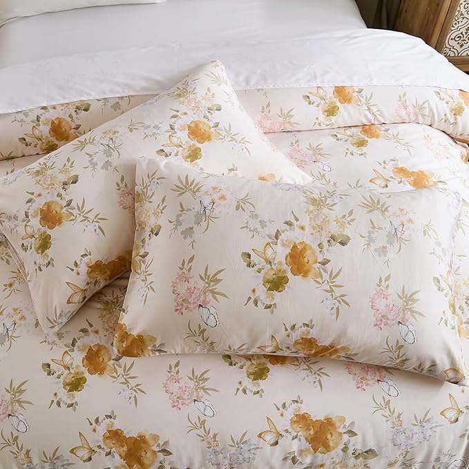 100% Cotton Duvet Cover Queen Size – Elegent Yellow Floral Duvet Cover Set with Zipper Closure & Corner Ties, 3-Piece Luxury & Silky Soft Bedding Set for All Seasons