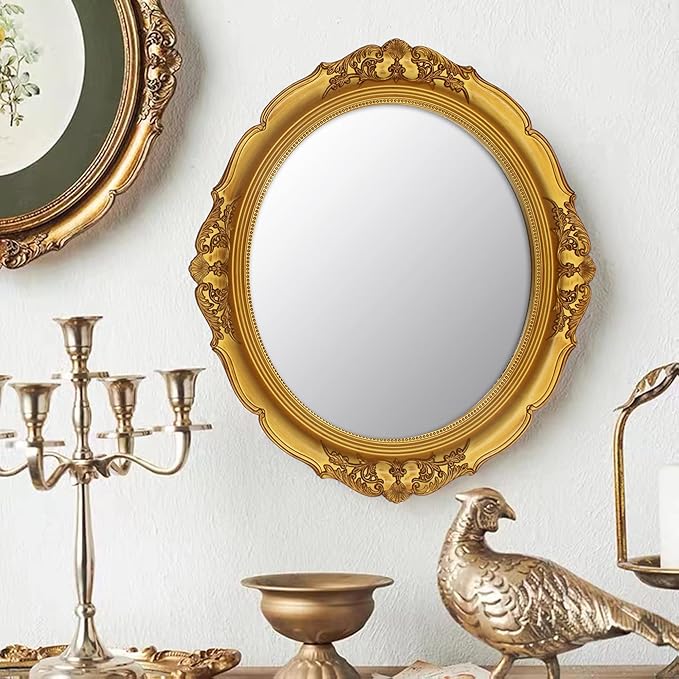 YCHMIR 14.8 x 13.1 inch Oval Wall Mirror Vintage Style Wall Mounted (Gold)